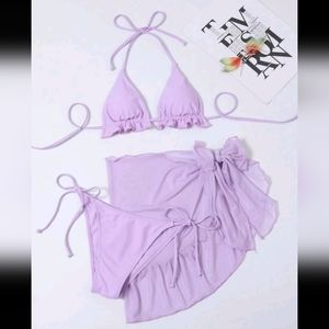 3 Piece Gorgeous Purple Ruffle Bikini Set